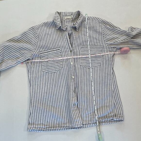 Blue & White Stripe Linen Blend Long Sleeve Roll-Tab Button Down Shirt, Size S - Picture 9 of 12